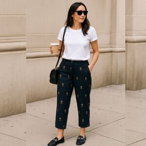 Talbots Woman Cropped Pants 18W Black Embroidered Stretch Cotton Trousers Capris